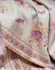 Handspun Beige Silk Embroidered Pashmina Shawl with Intricate Floral Designs