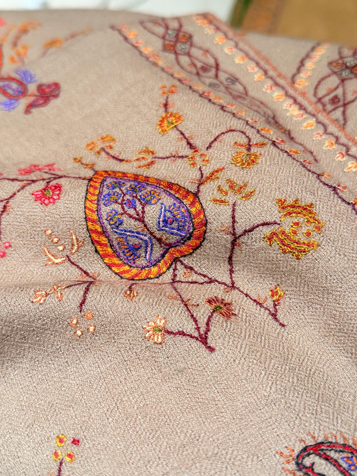 Handspun Beige Silk Embroidered Pashmina Shawl with Intricate Floral Designs