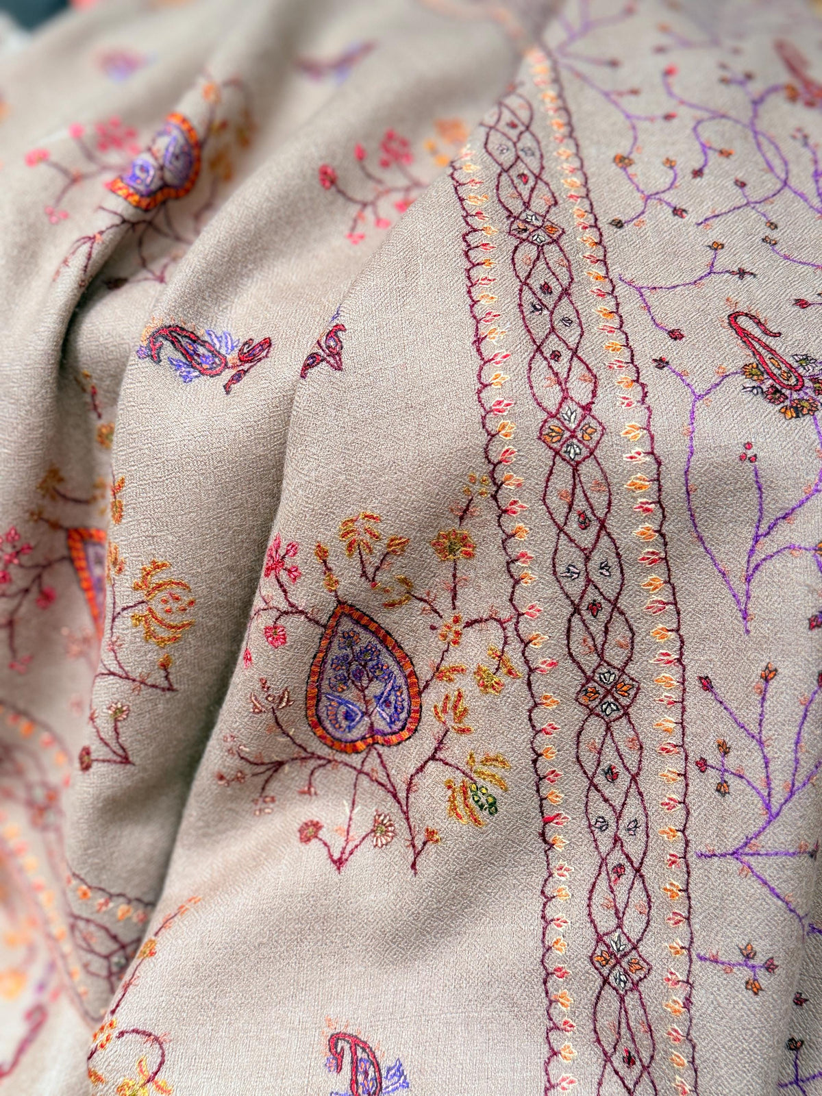 Handspun Beige Silk Embroidered Pashmina Shawl with Intricate Floral Designs