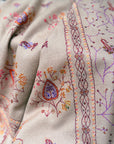 Handspun Beige Silk Embroidered Pashmina Shawl with Intricate Floral Designs