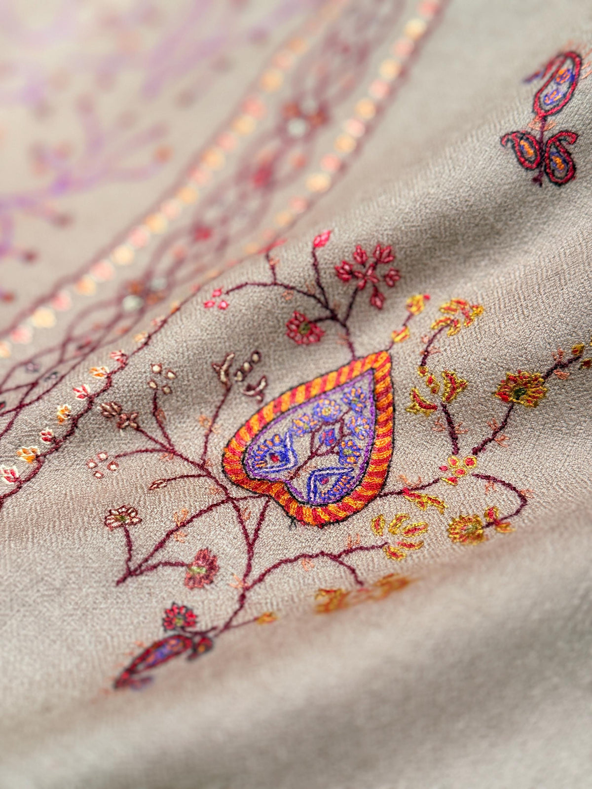 Handspun Beige Silk Embroidered Pashmina Shawl with Intricate Floral Designs