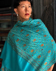 Vintage Turquoise Jaal Embroidered Pashmina Shawl with Intricate Details