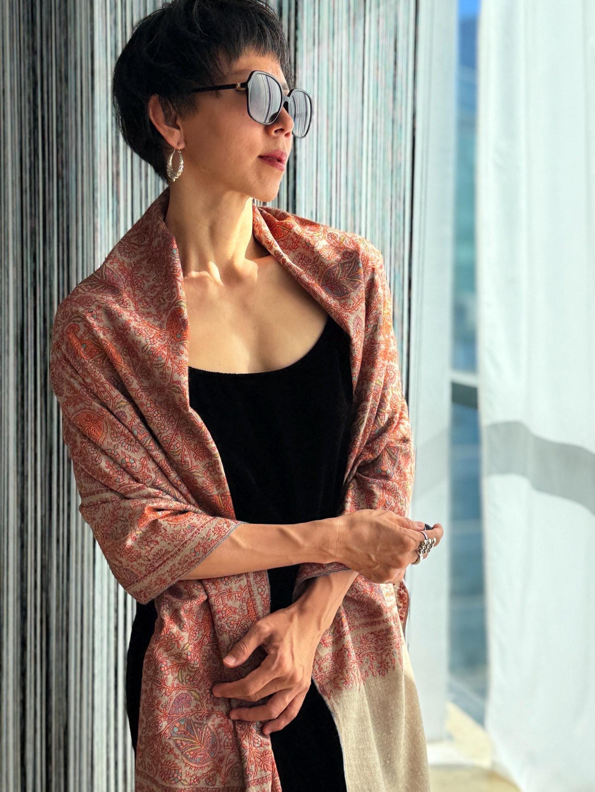 2.5 Yard Hand Spun Almond Design Pashmina Shawl with Exquisite Embroidery Details