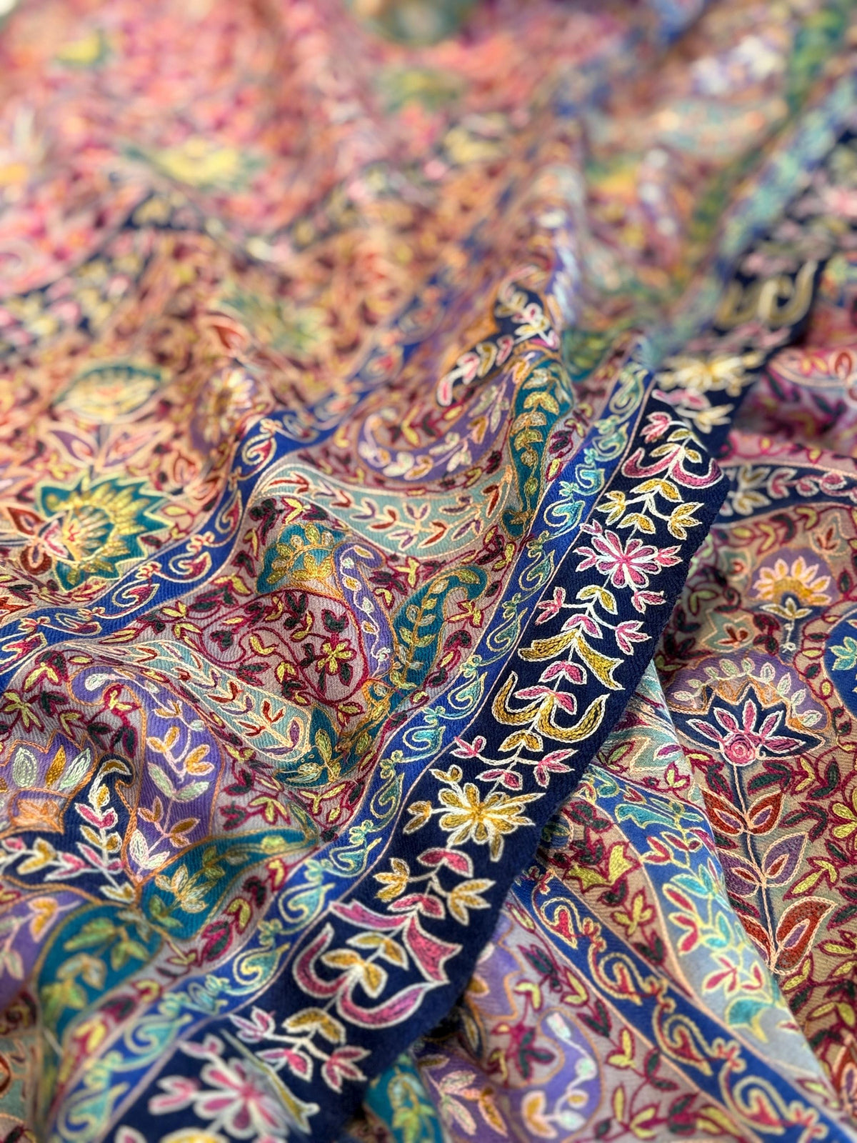 Kalamkari Hand Painted Pashmina Shawl with Paisley Floral Designs