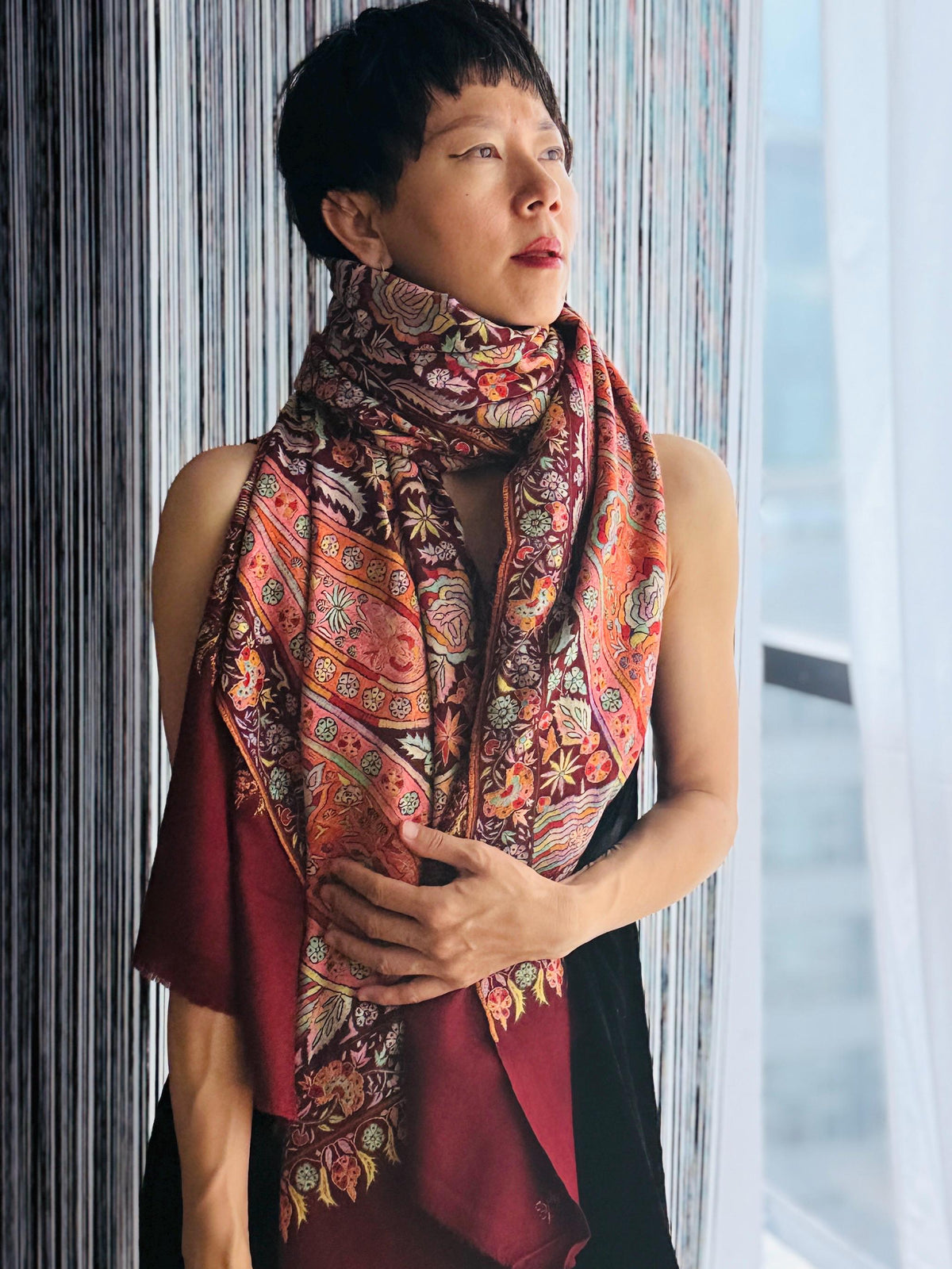 Maroon Sozni Jamawar Pashmina Shawl with Exquisite Embroidery Designs