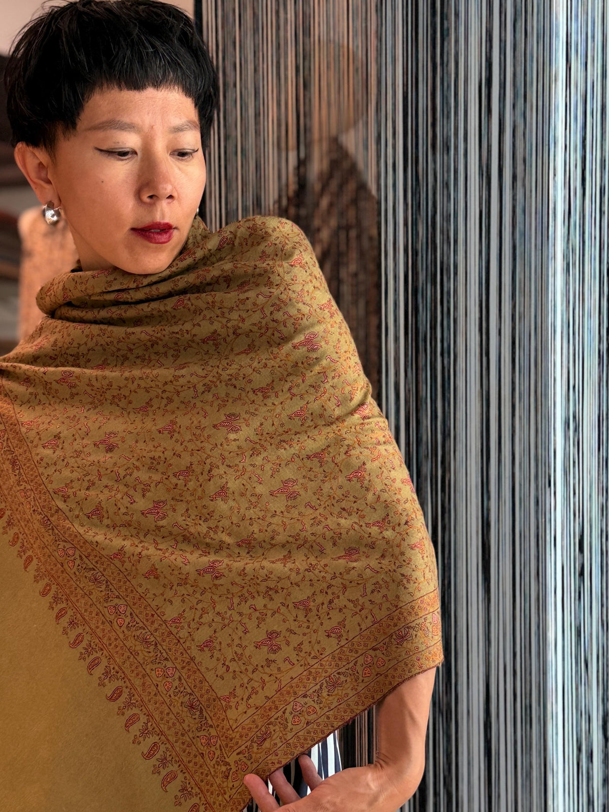 Handspun Golden Silk Embroidery Pashmina Shawl with Exquisite Embroidery Details