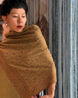 Handspun Golden Silk Embroidery Pashmina Shawl with Exquisite Embroidery Details