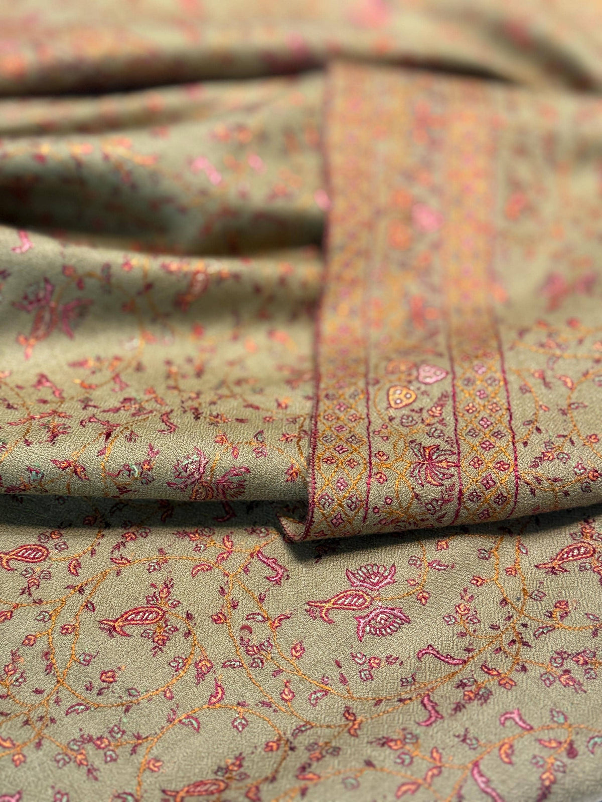 Handspun Golden Silk Embroidery Pashmina Shawl with Exquisite Embroidery Details