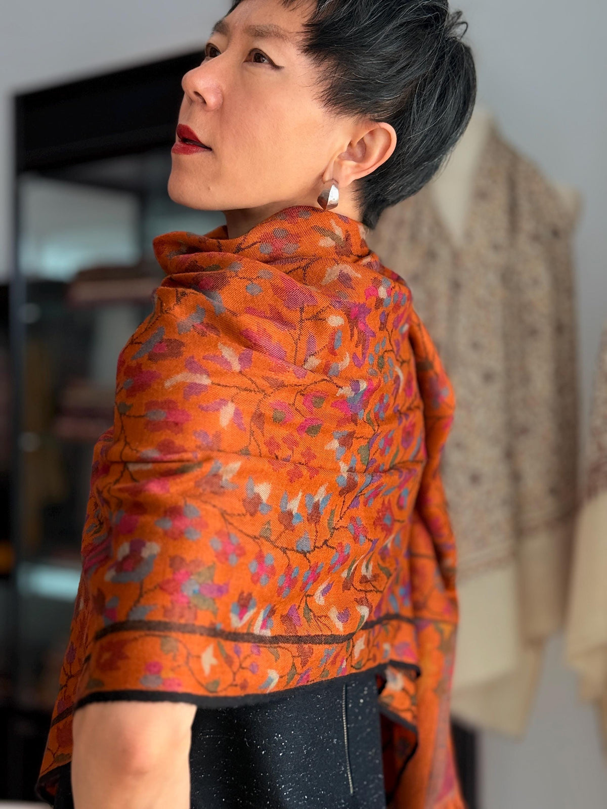 Extra Fine Orange Kani Pashmina Shawl with Intricate Floral Designs