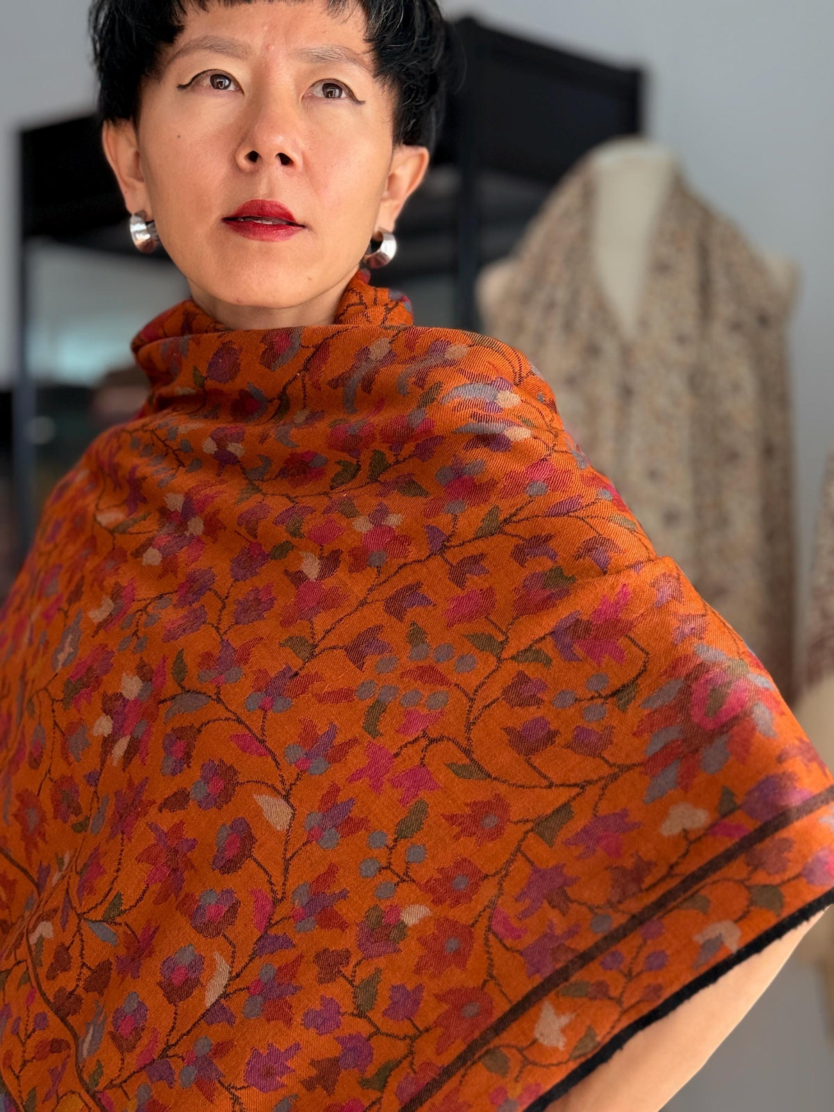 Extra Fine Orange Kani Pashmina Shawl with Intricate Floral Designs