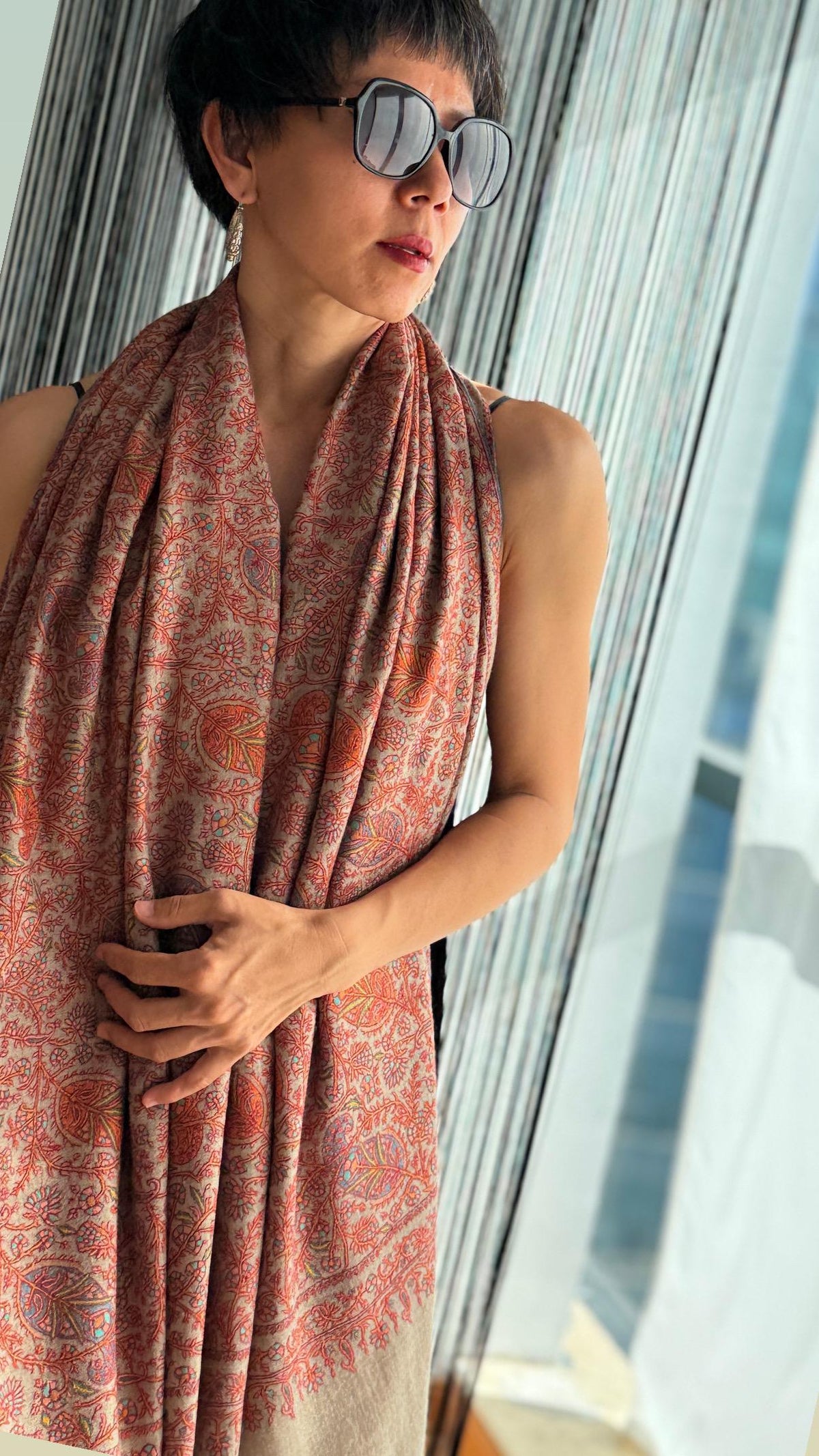 2.5 Yard Hand Spun Almond Design Pashmina Shawl with Exquisite Embroidery Details