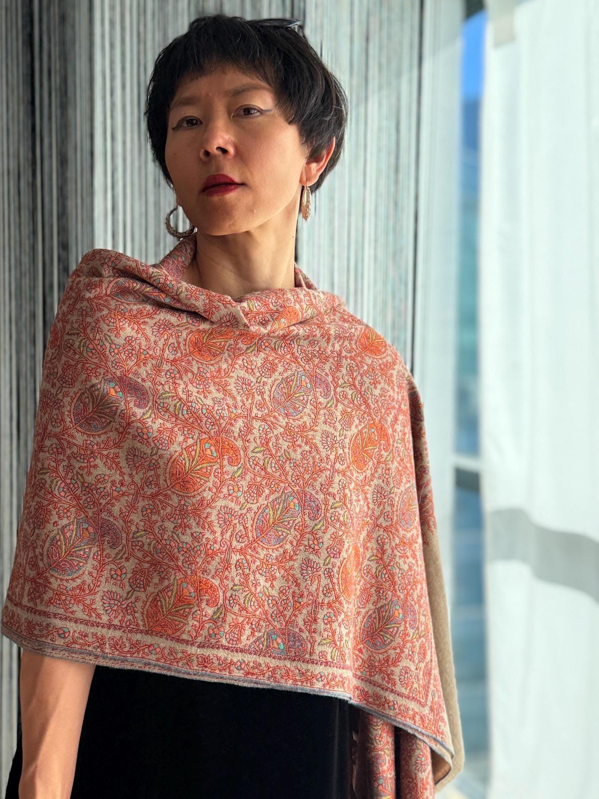 2.5 Yard Hand Spun Almond Design Pashmina Shawl with Exquisite Embroidery Details