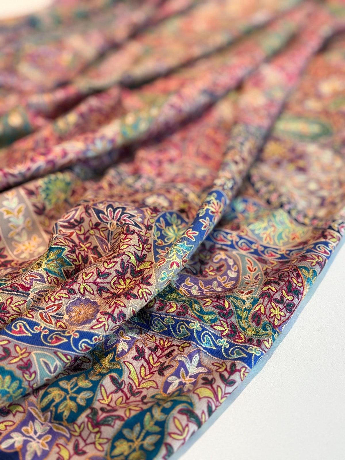 Kalamkari Hand Painted Pashmina Shawl with Paisley Floral Designs