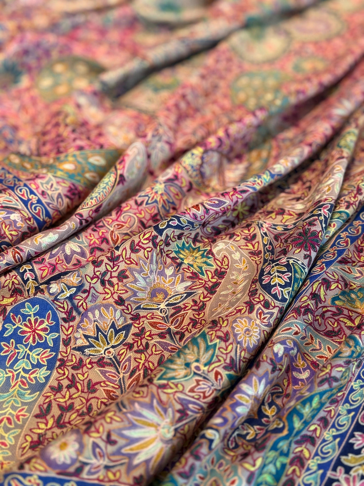 Kalamkari Hand Painted Pashmina Shawl with Paisley Floral Designs