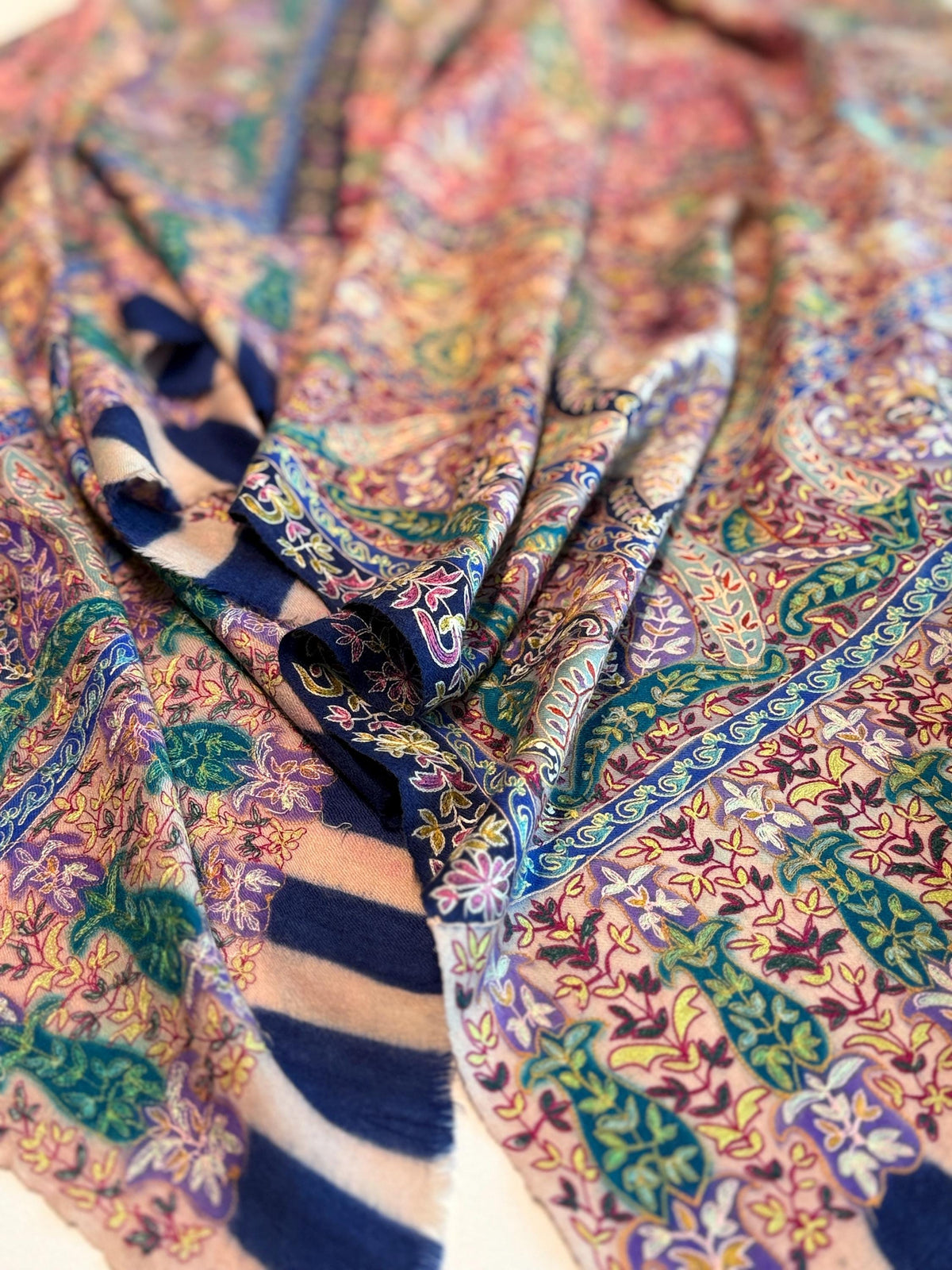 Kalamkari Hand Painted Pashmina Shawl with Paisley Floral Designs