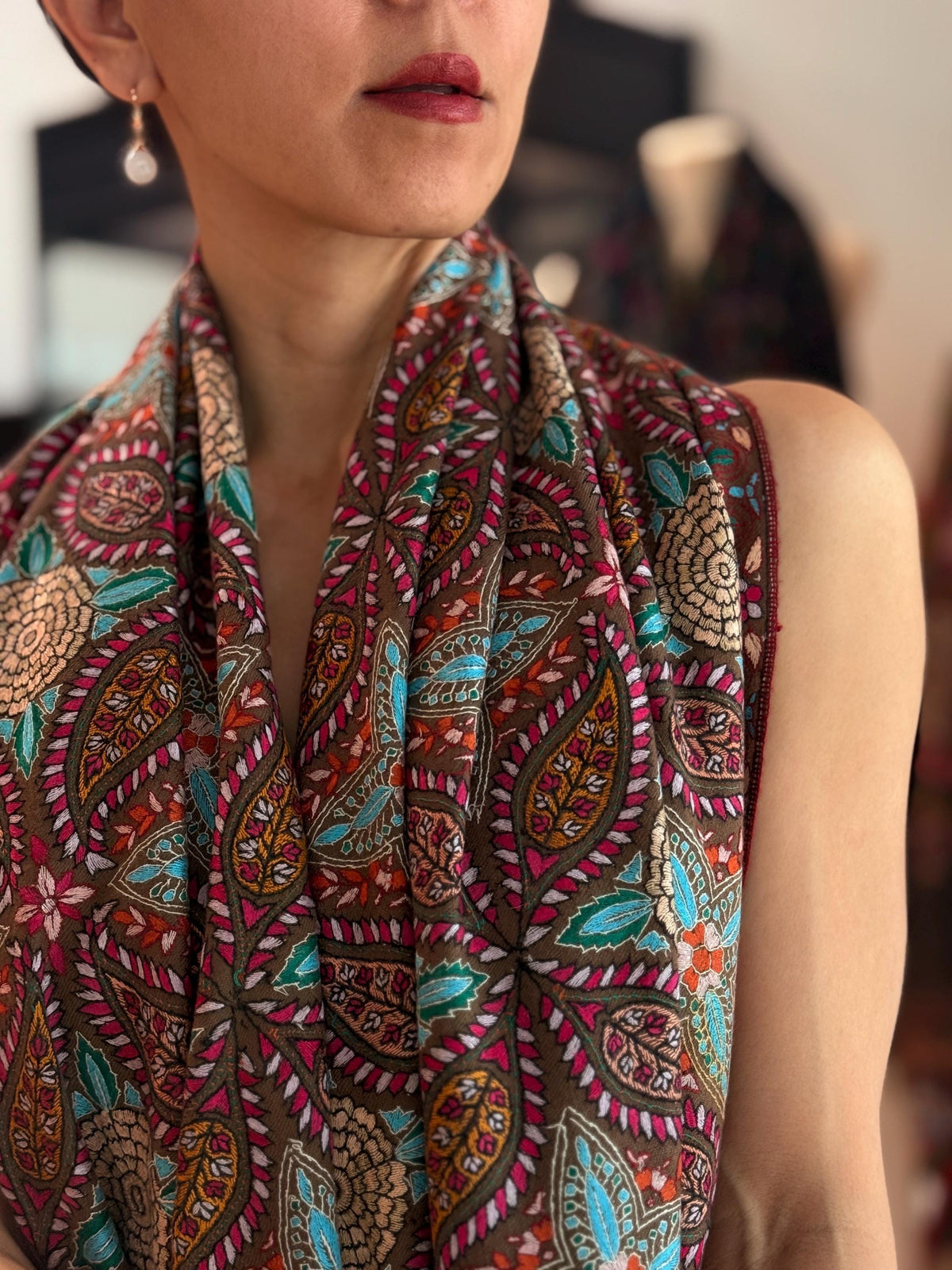 2.5 Yard Floral Design Pashmina Shawl with Exquisite Embroidery Details
