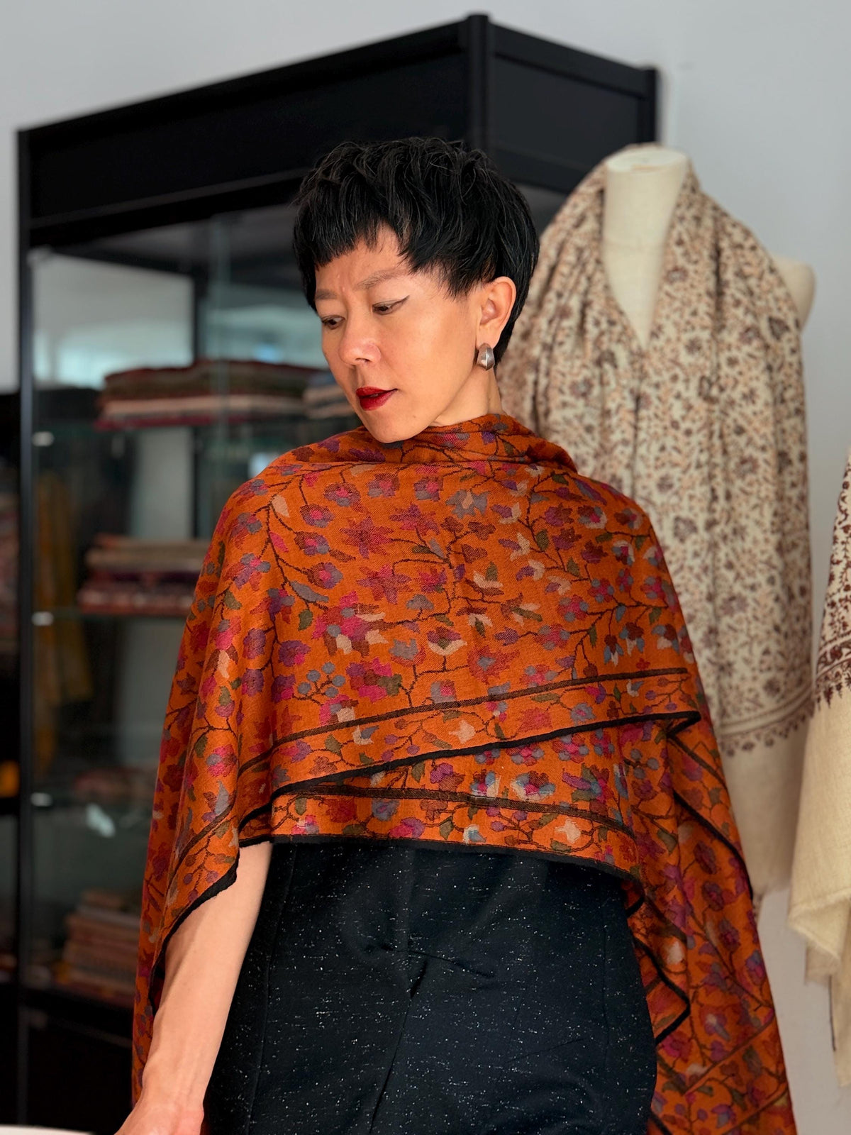 Extra Fine Orange Kani Pashmina Shawl with Intricate Floral Designs