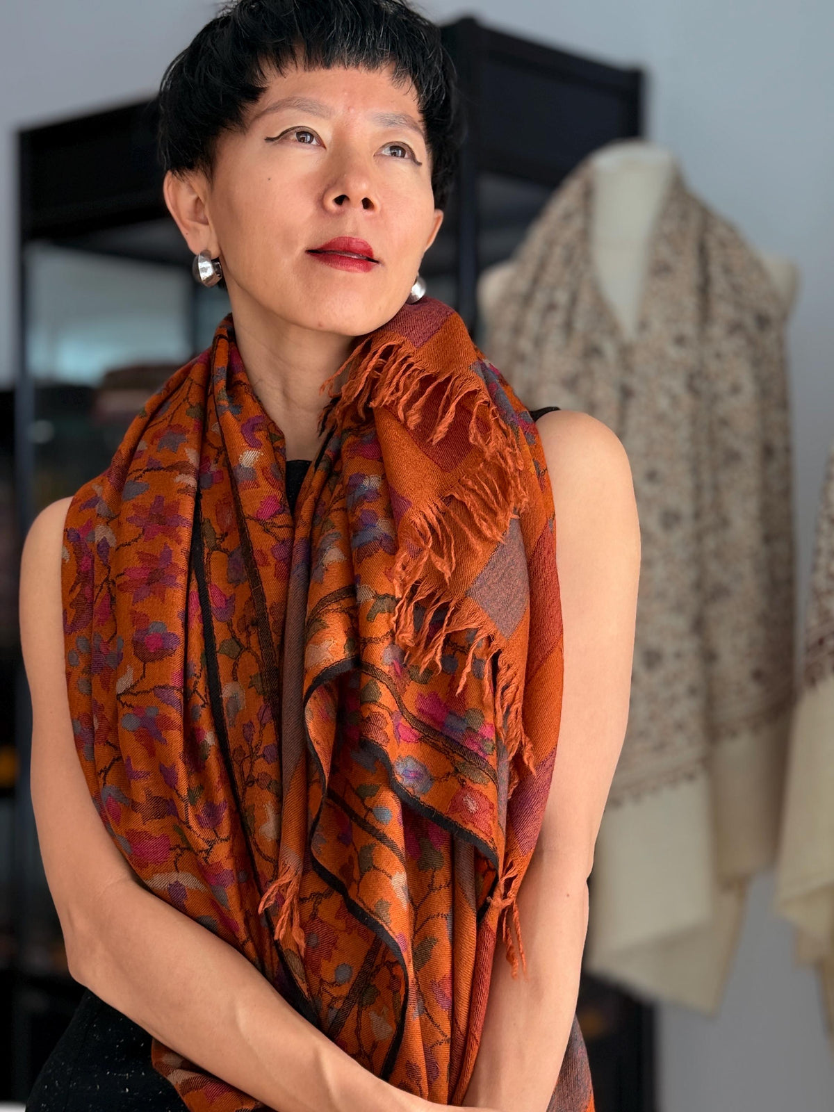 Extra Fine Orange Kani Pashmina Shawl with Intricate Floral Designs