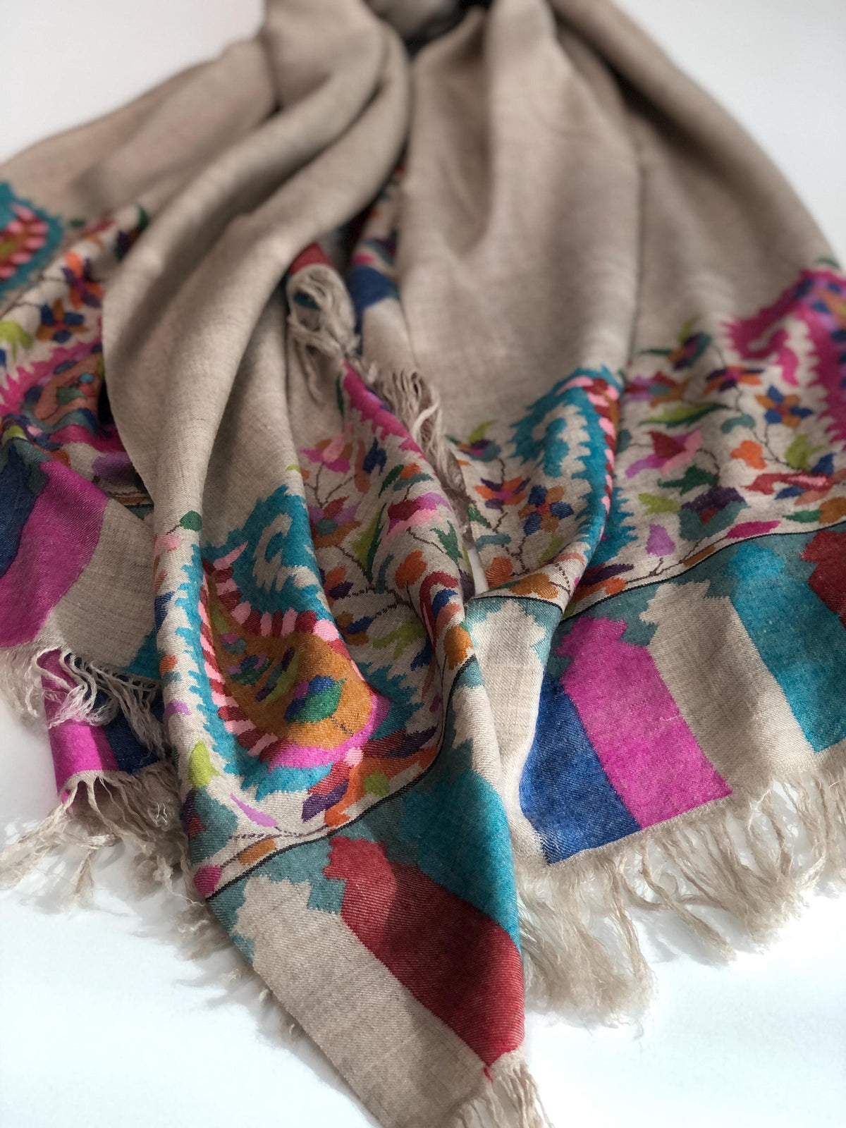 Natural Gray GI Certified Kani Pashmina Shawl with Almond Designs