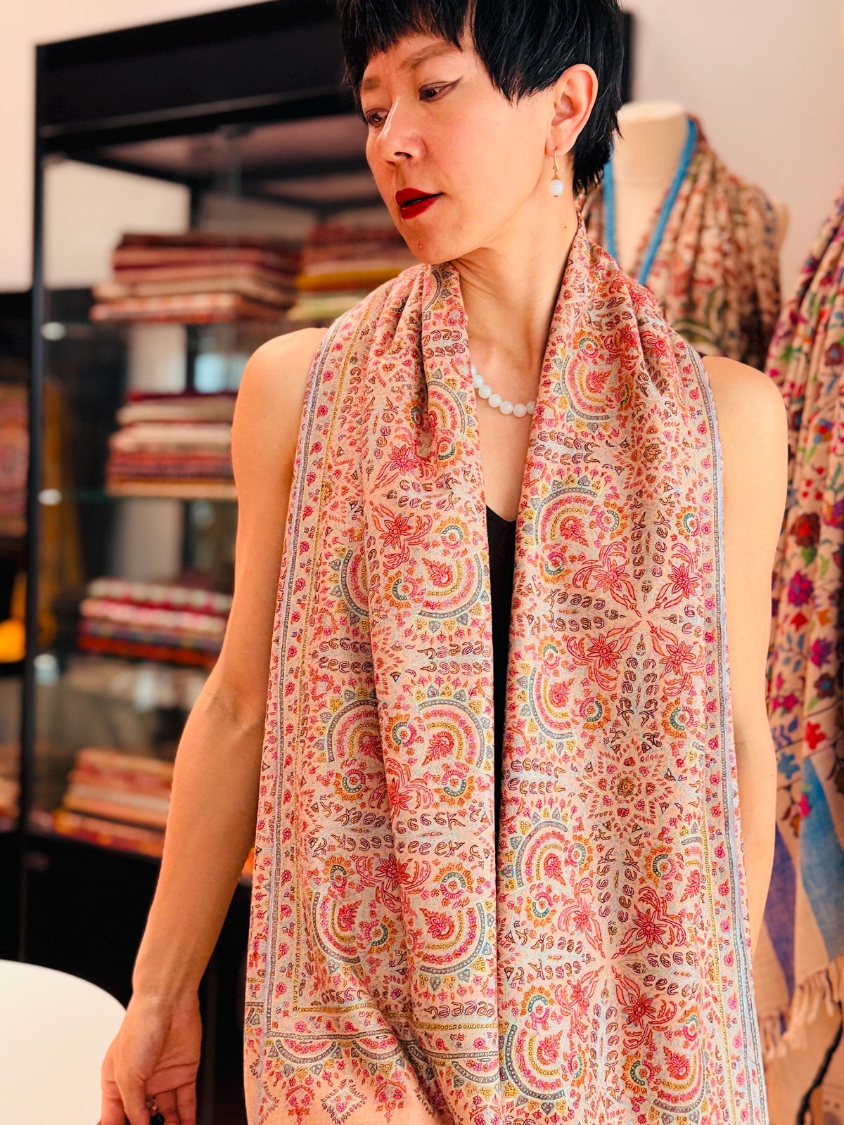 Handspun Coral Pink Silk Embroidery Pashmina Shawl with Exquisite Details