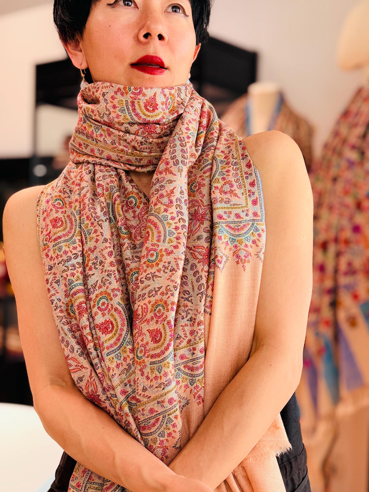 Handspun Coral Pink Silk Embroidery Pashmina Shawl with Exquisite Details