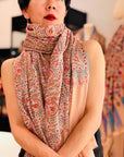Handspun Coral Pink Silk Embroidery Pashmina Shawl with Exquisite Details