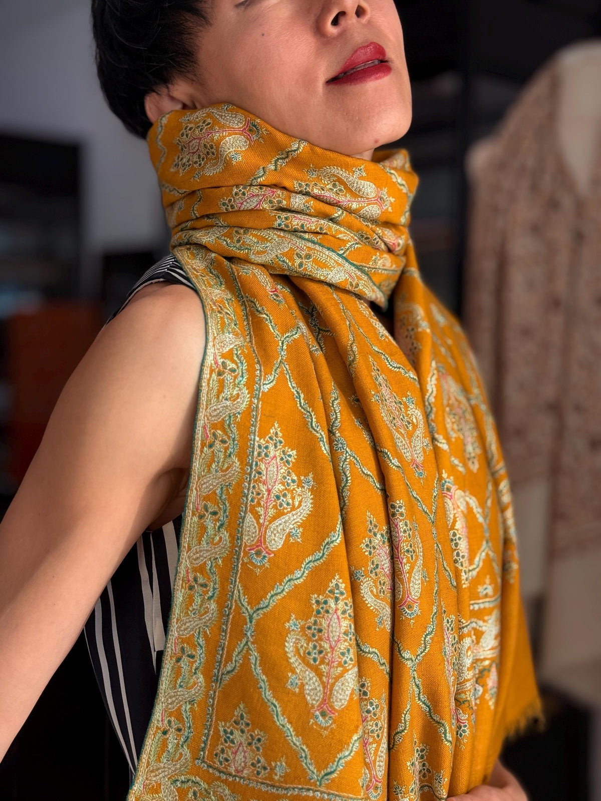 Vintage Mustard Silk Embroidery Pashmina Shawl with Elegant Floral Designs