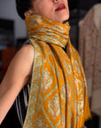 Vintage Mustard Silk Embroidery Pashmina Shawl with Elegant Floral Designs