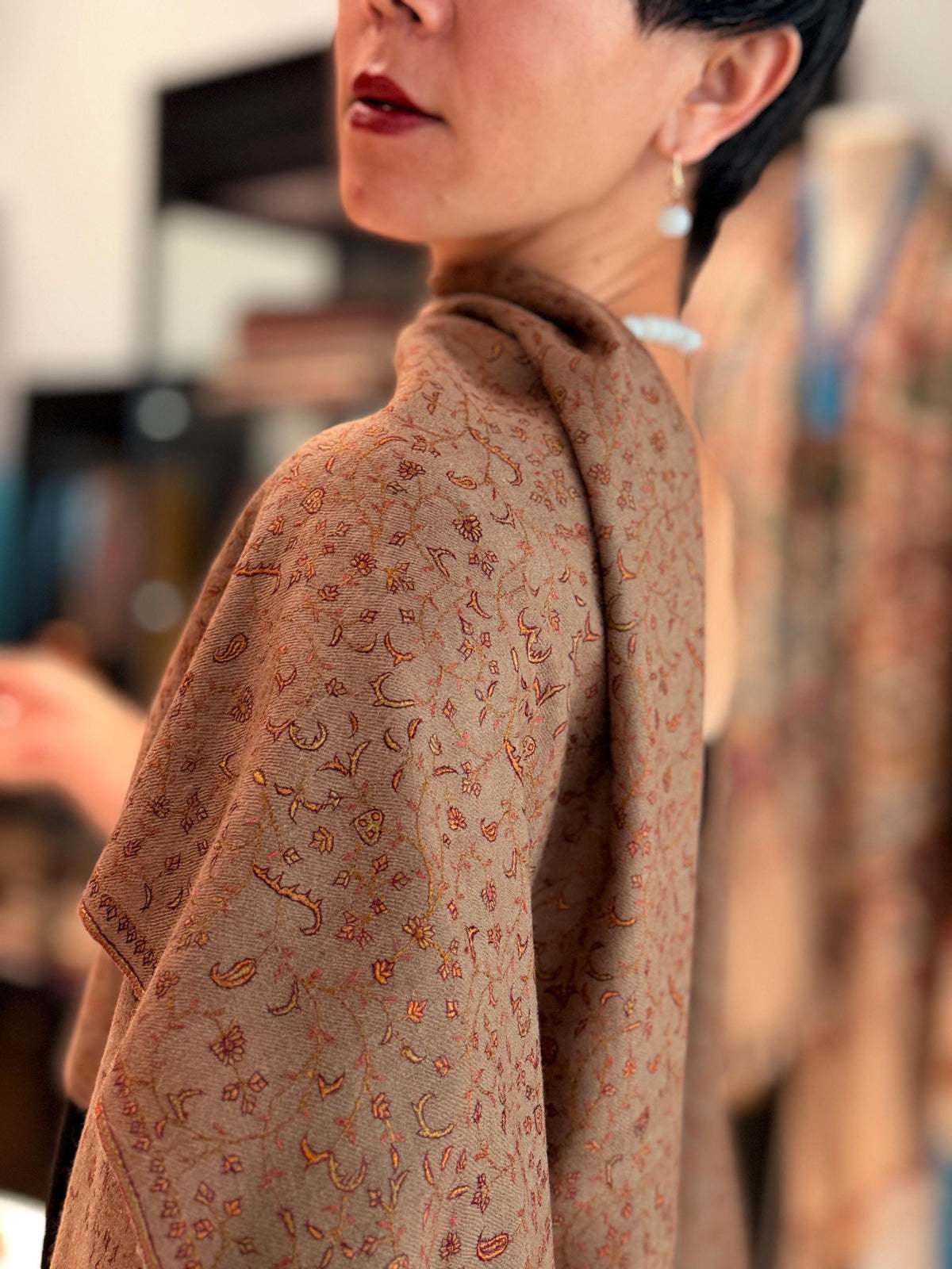 Vintage Dark Brown Silk Embroidery Pashmina Shawl with Exquisite Embroidery Details