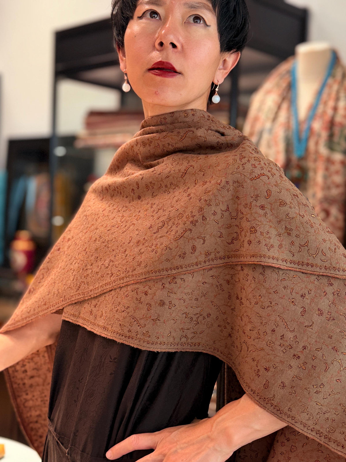 Vintage Dark Brown Silk Embroidery Pashmina Shawl with Exquisite Embroidery Details