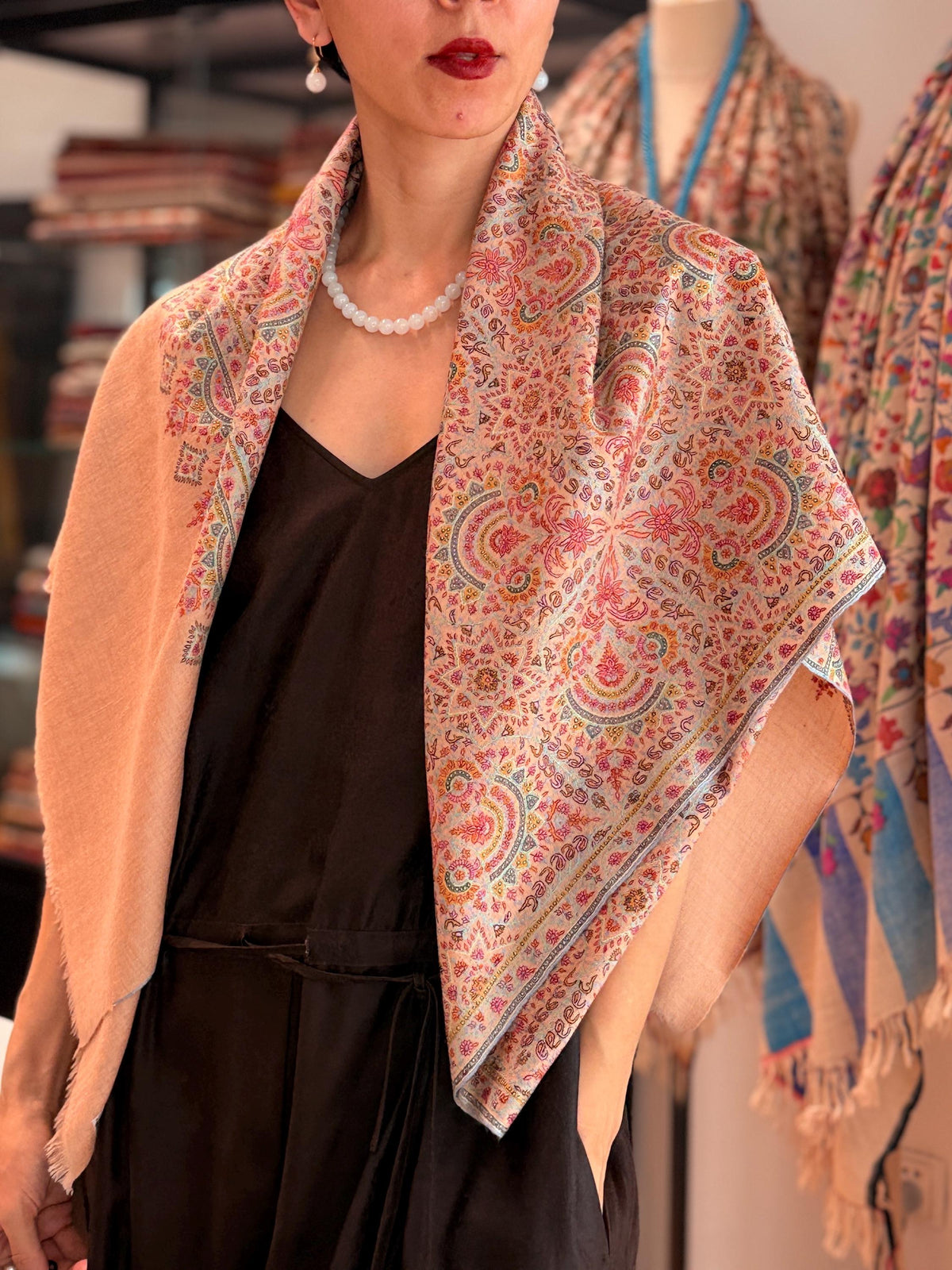 Handspun Coral Pink Silk Embroidery Pashmina Shawl with Exquisite Details