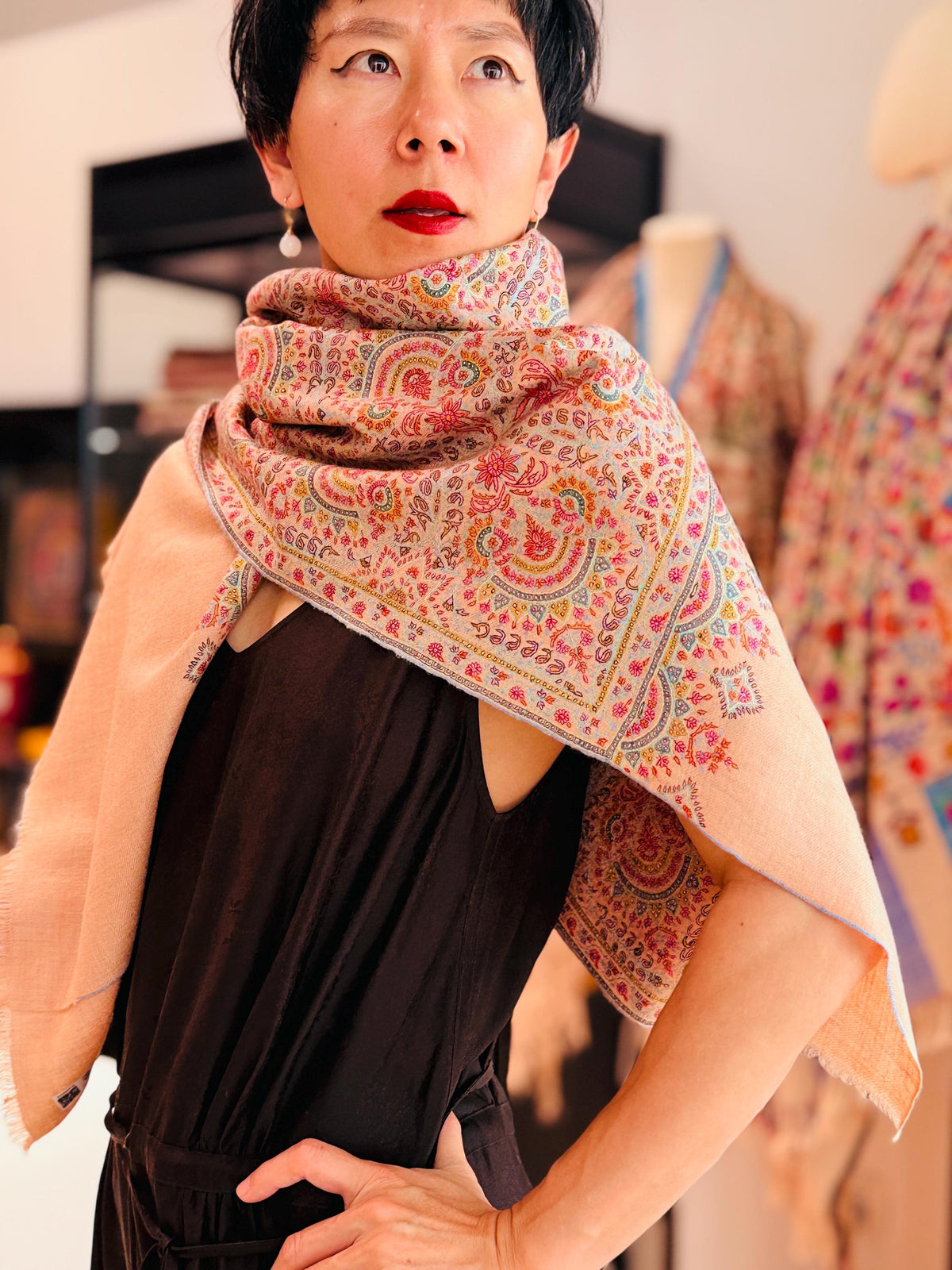 Handspun Coral Pink Silk Embroidery Pashmina Shawl with Exquisite Details
