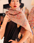 Handspun Coral Pink Silk Embroidery Pashmina Shawl with Exquisite Details