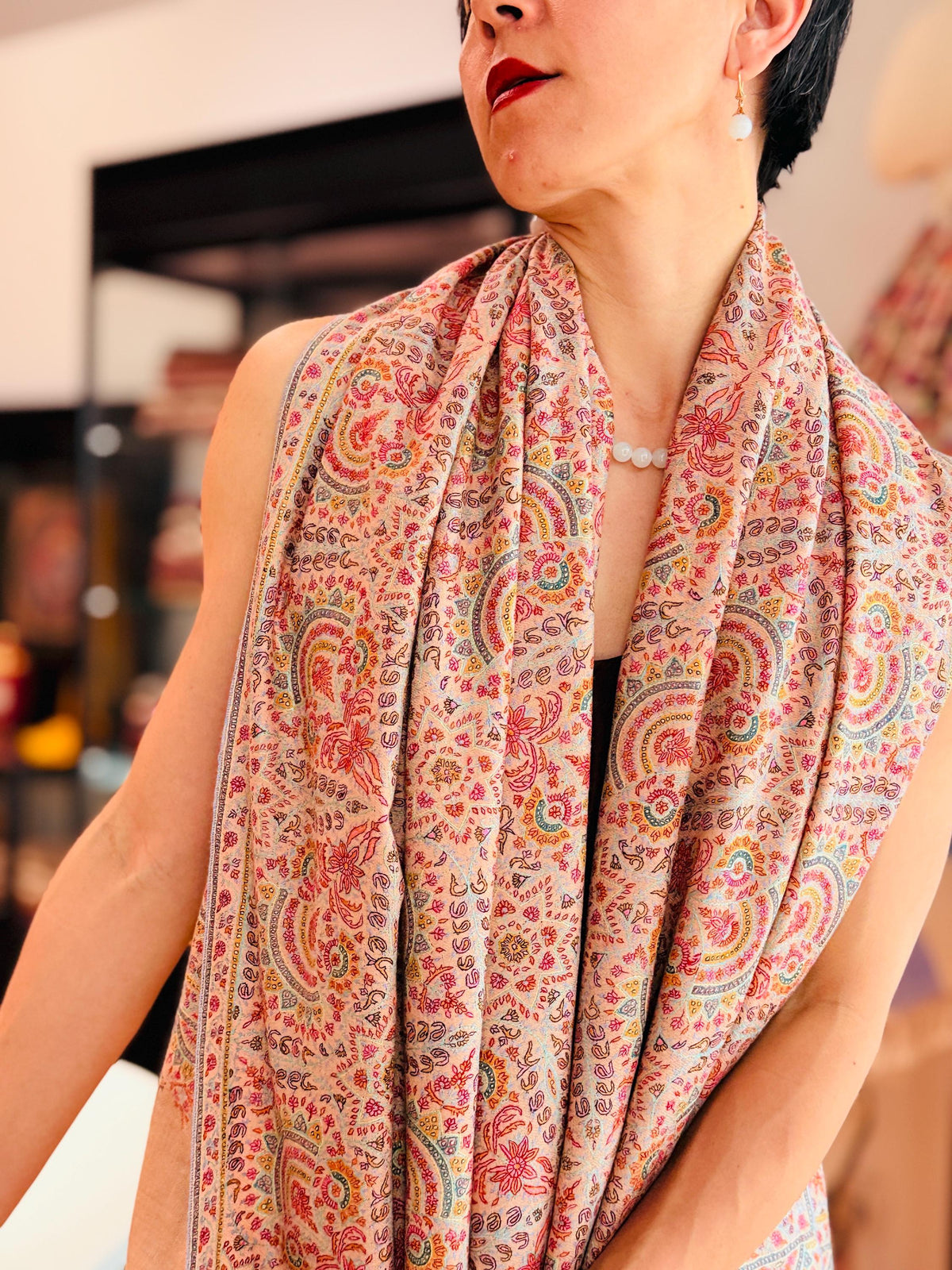 Handspun Coral Pink Silk Embroidery Pashmina Shawl with Exquisite Details