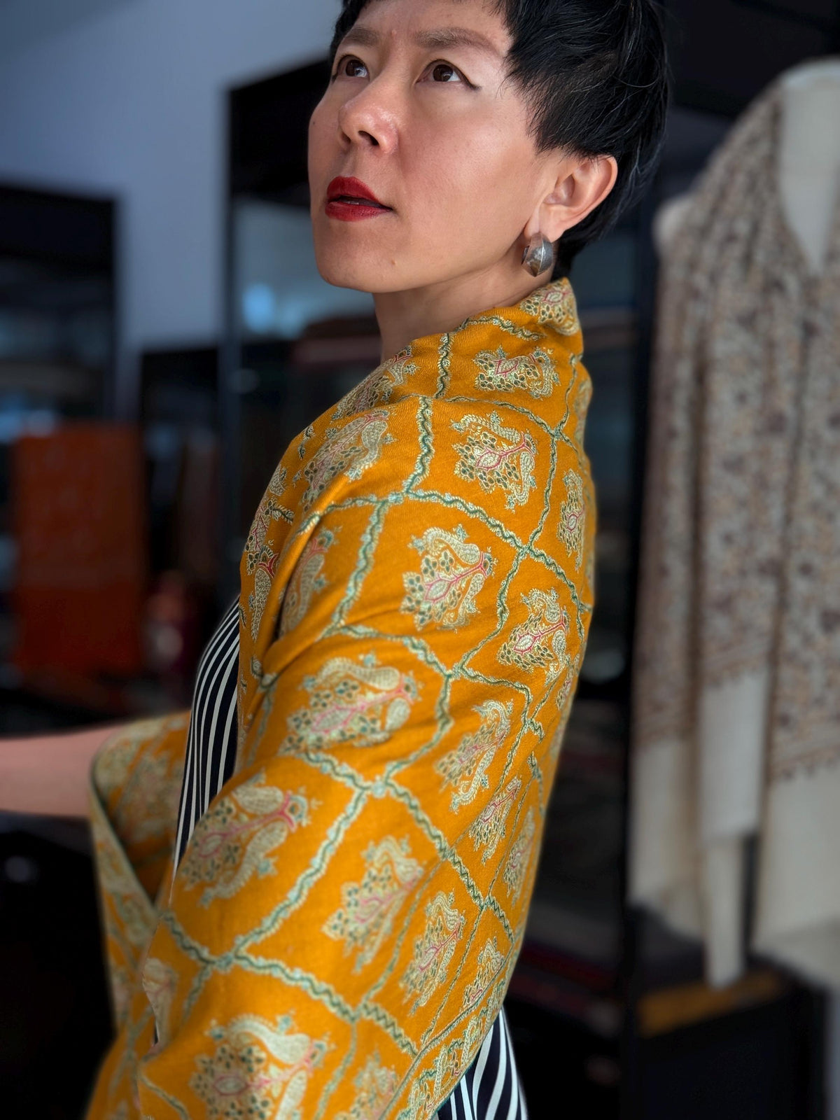 Vintage Mustard Silk Embroidery Pashmina Shawl with Elegant Floral Designs