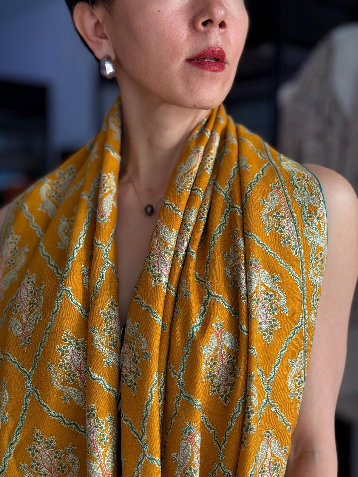 Vintage Mustard Silk Embroidery Pashmina Shawl with Elegant Floral Designs