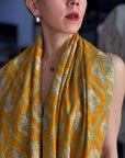 Vintage Mustard Silk Embroidery Pashmina Shawl with Elegant Floral Designs