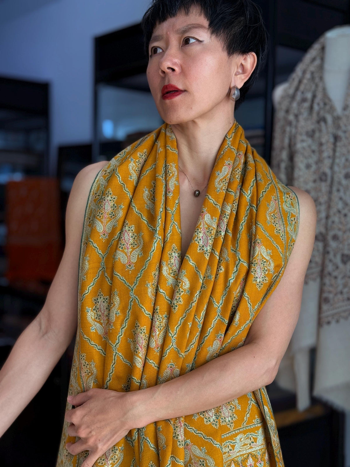 Vintage Mustard Silk Embroidery Pashmina Shawl with Elegant Floral Designs