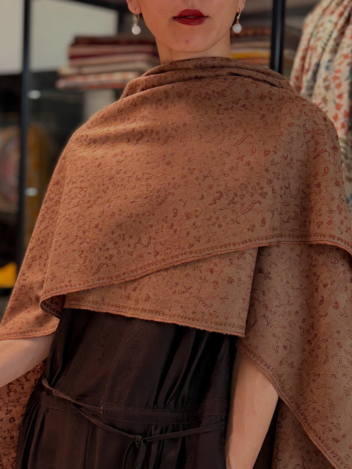 Vintage Dark Brown Silk Embroidery Pashmina Shawl with Exquisite Embroidery Details