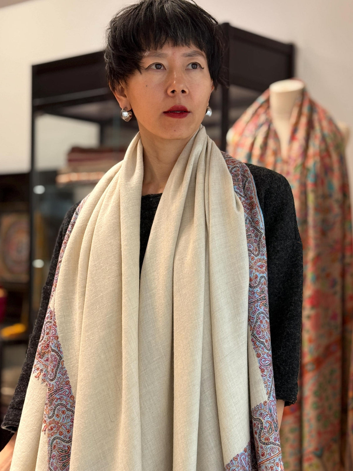 Elegant White Dhoor Embroidery Pashmina Shawl with Classic Design