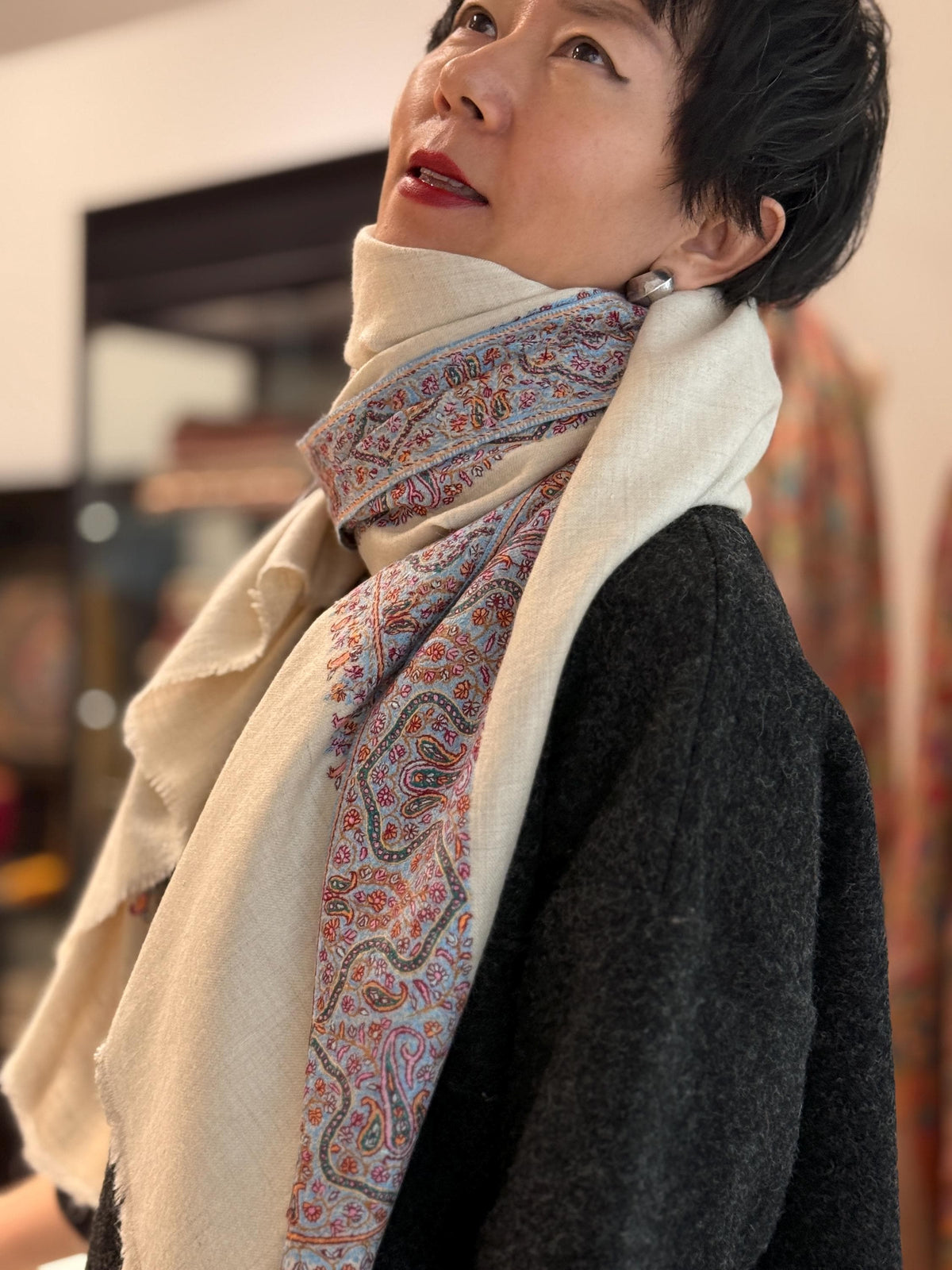 Elegant White Dhoor Embroidery Pashmina Shawl with Classic Design