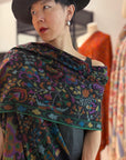 Black Kani Pashmina Shawl with Leaf Designs, Hand Loom Woven 100x200cm