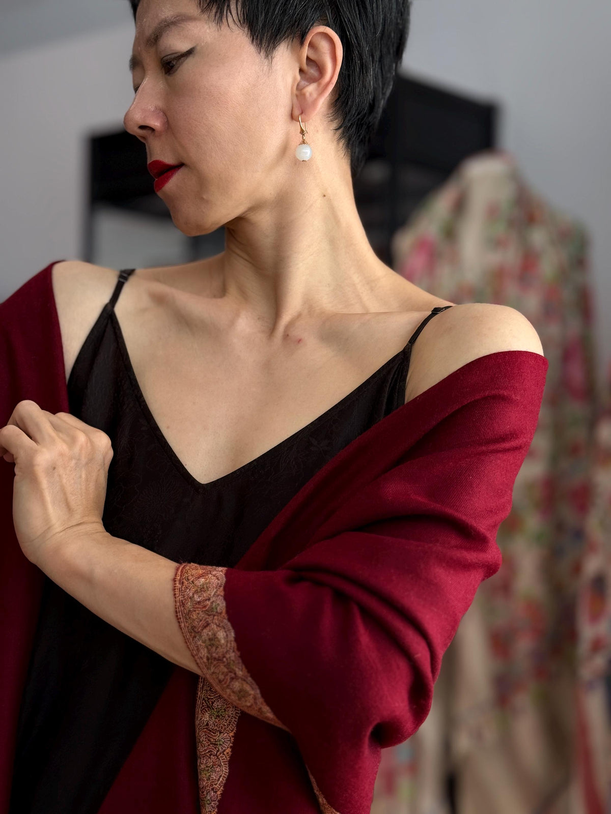Vintage Wine Red Dhoor Embroidered Pashmina Shawl with 100% Hand Spun Material