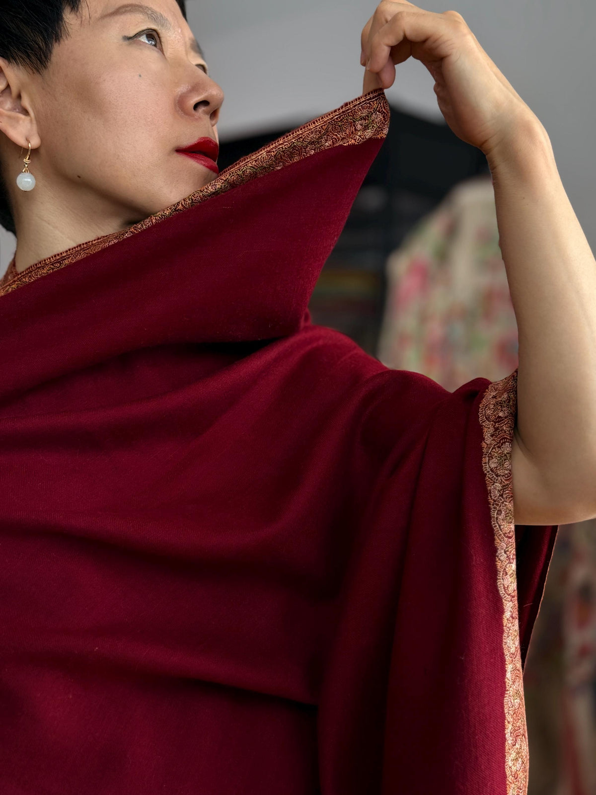 Vintage Wine Red Dhoor Embroidered Pashmina Shawl with 100% Hand Spun Material