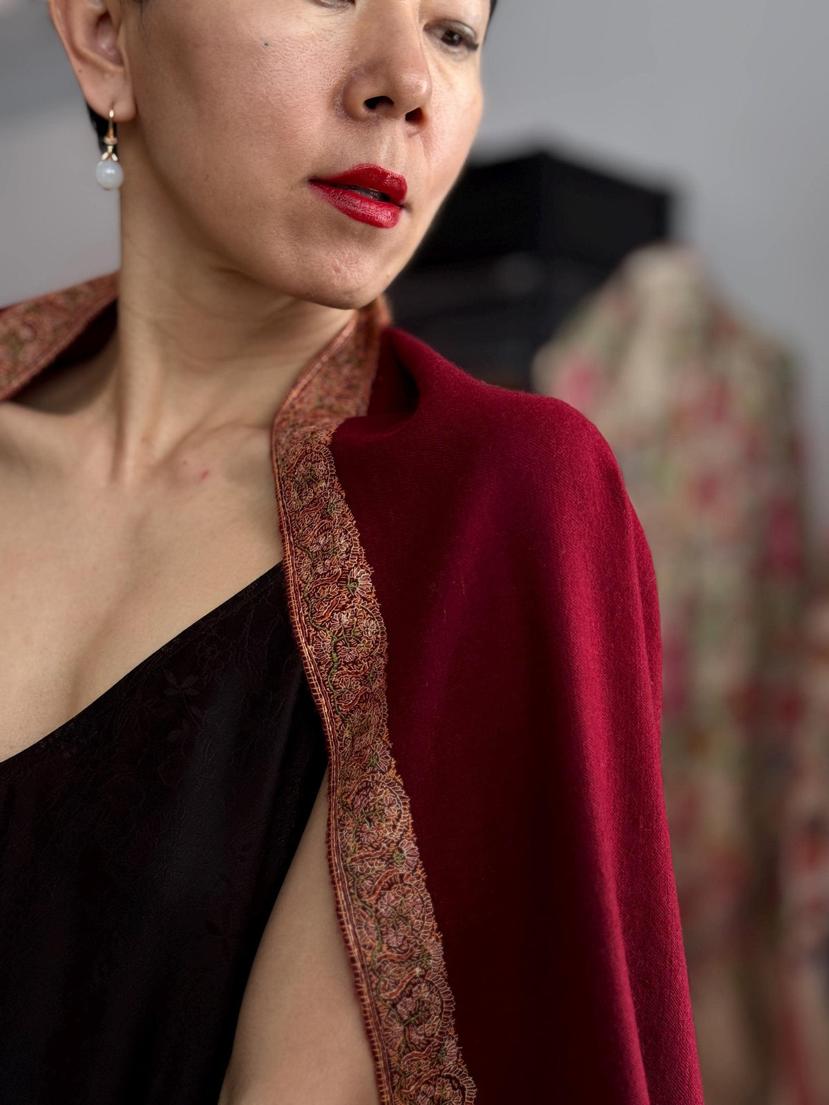 Vintage Wine Red Dhoor Embroidered Pashmina Shawl with 100% Hand Spun Material