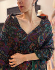 Black Kani Pashmina Shawl with Leaf Designs, Hand Loom Woven 100x200cm