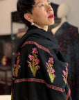 Elegant Black Iris Design Pashmina Shawl with Intricate Embroidery Details