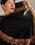 Elegant Black Dhoor Design Pashmina Shawl with Intricate Embroidery Details
