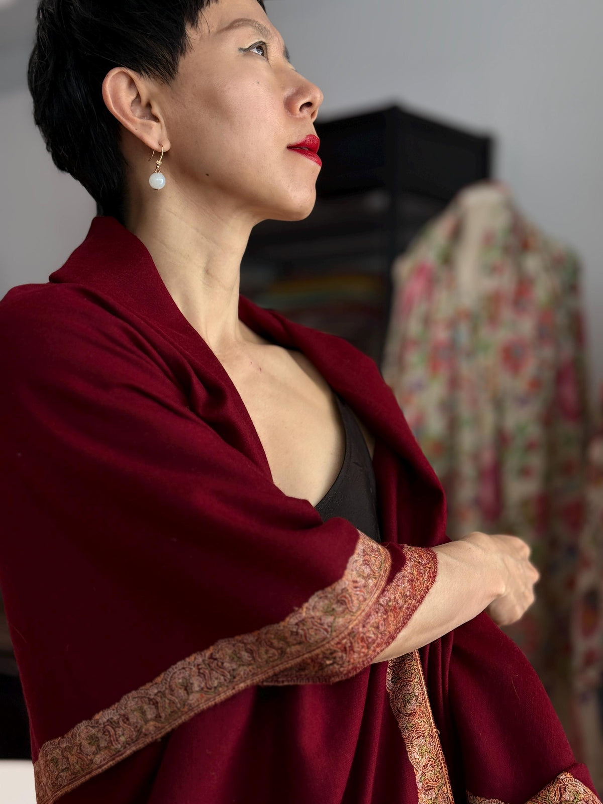 Vintage Wine Red Dhoor Embroidered Pashmina Shawl with 100% Hand Spun Material