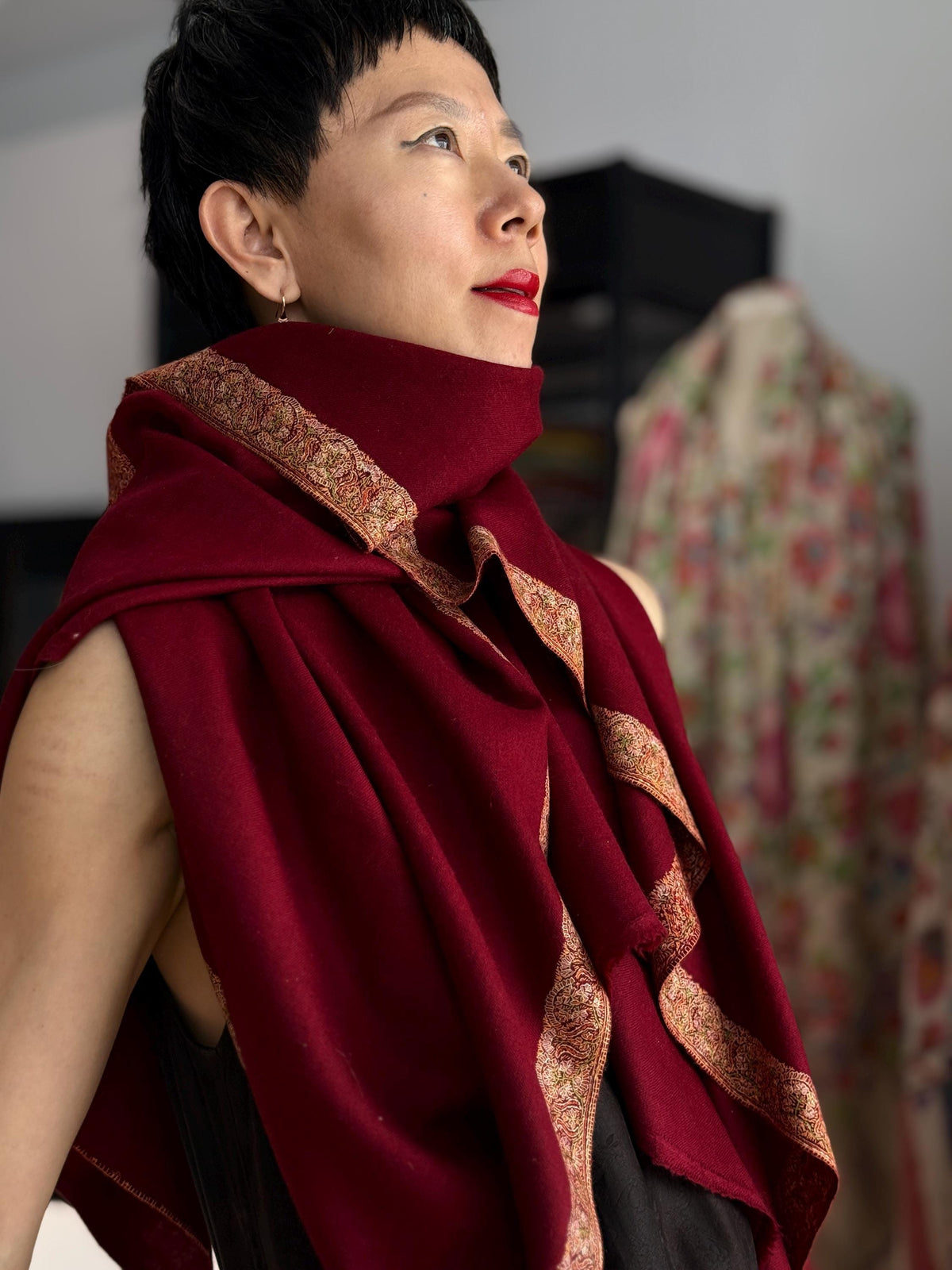 Vintage Wine Red Dhoor Embroidered Pashmina Shawl with 100% Hand Spun Material